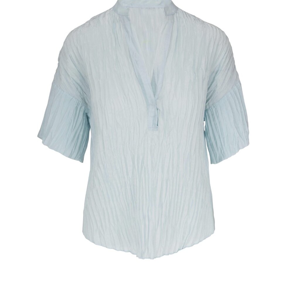 Vince Crushed Band Collar Silk Blouse Sky NWT